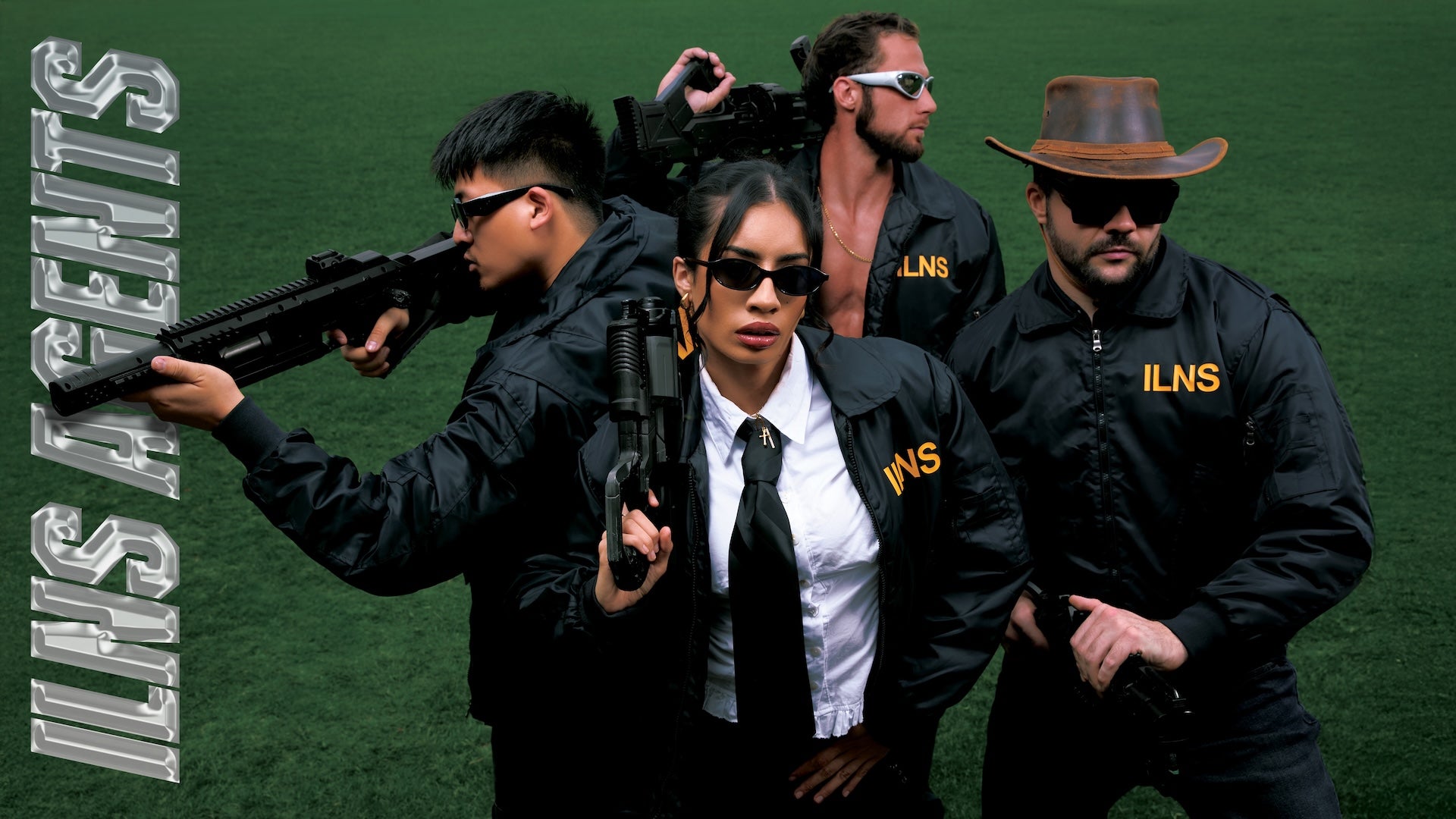Four individuals in black outfits with 'ILNS' branding, holding firearms on a green background.