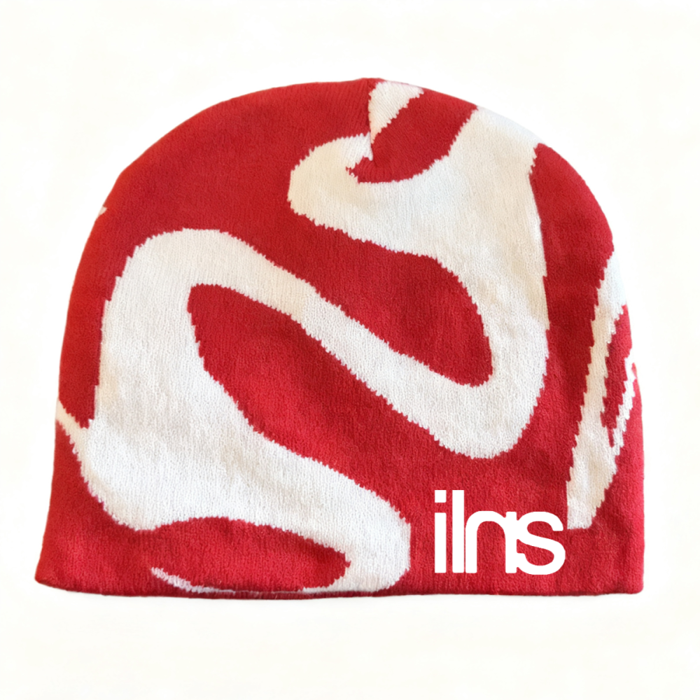 ILNS Knit Beanie in Red, front view