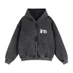 ILNS Double Zip Hoodie in Black, front view