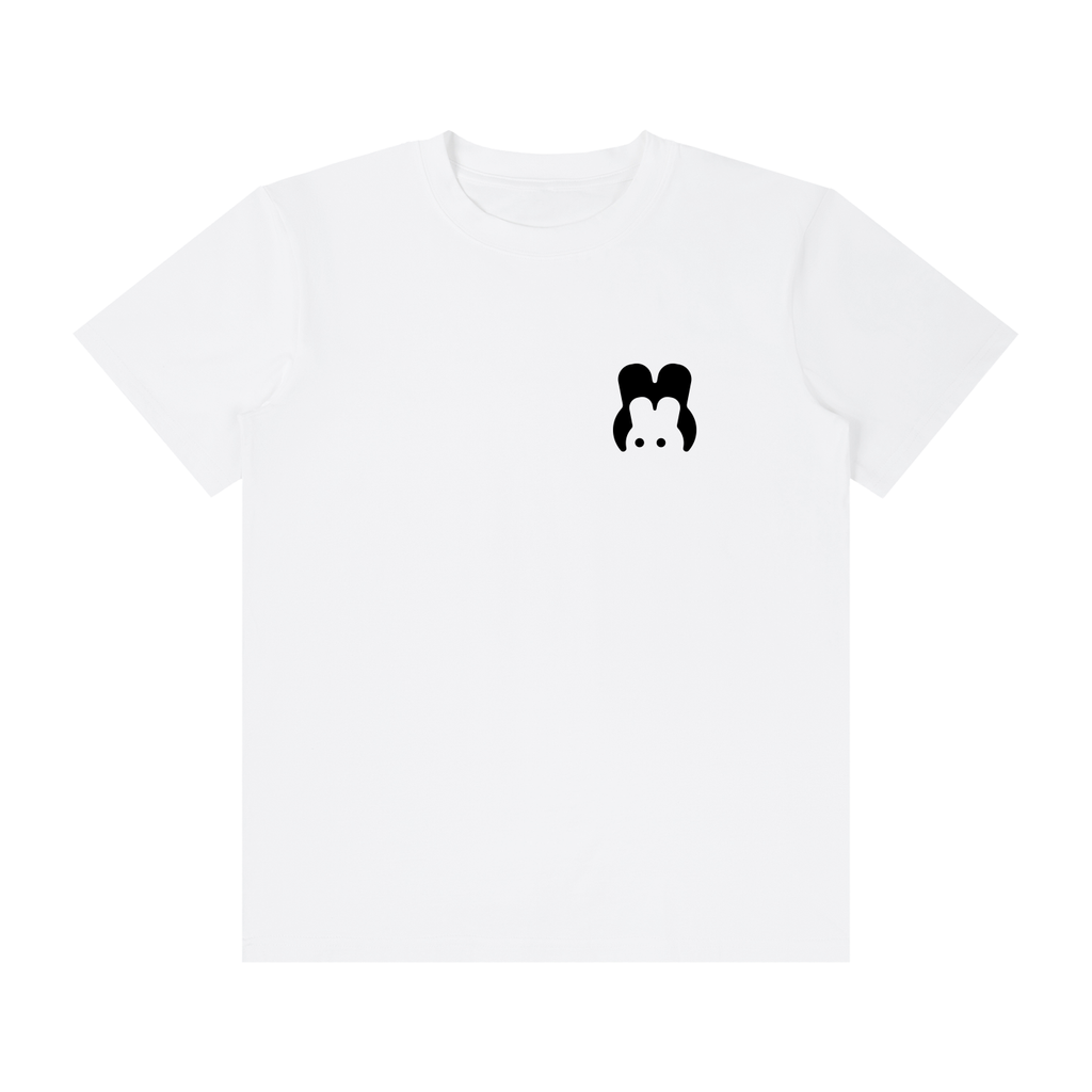 White t-shirt with a black cartoon character design on a white background