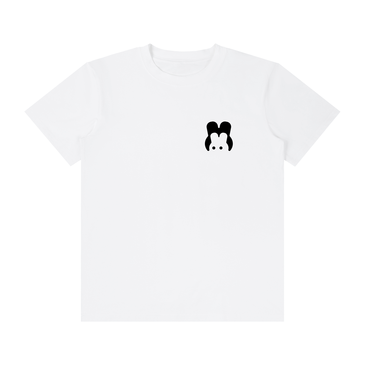 White t-shirt with a black cartoon character design on a white background